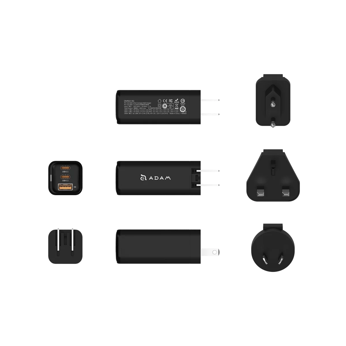 ADAM elements OMNIA X6i PD / QC 66W Compact Wall Charger with Travel Adaptors