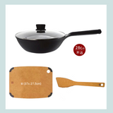 JIA - Companion Non-Stick Wok(28cm, PEEK) & Wood Fiber Spatula & Wood Fiber Cutting Board M size Bundle