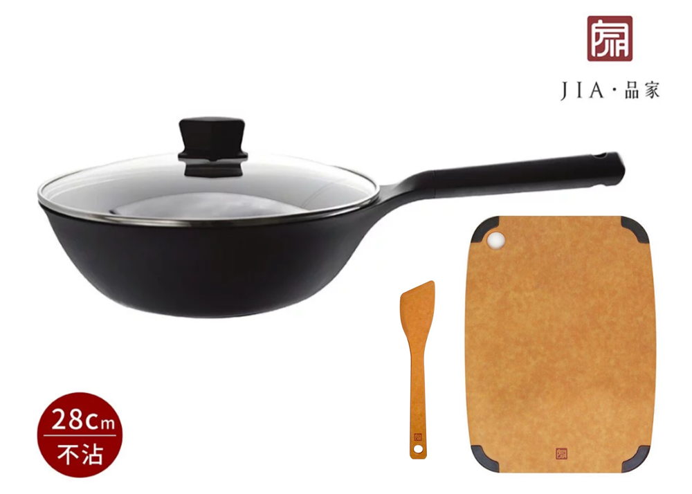 JIA - Companion Non-Stick Wok(28cm, PEEK) & Wood Fiber Spatula & Wood Fiber Cutting Board M size Bundle